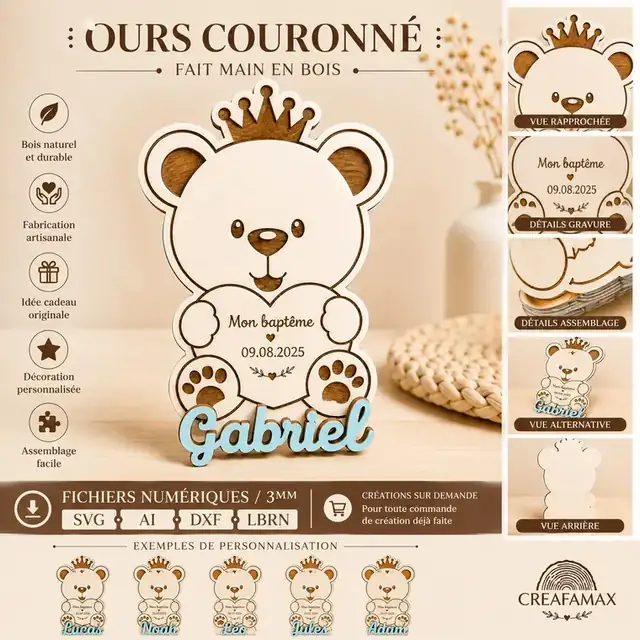 Ours Couronne Prénom Bois - création artisanale CREAFAMAX