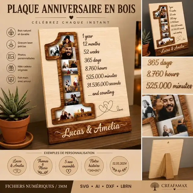Plaque Anniversaire Bois - création artisanale CREAFAMAX