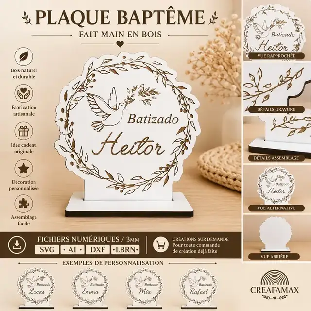 Plaque Bapteme Bois - création artisanale CREAFAMAX