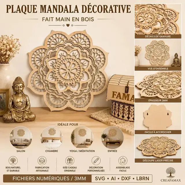 Plaque Mandala Decorative Bois - création artisanale CREAFAMAX