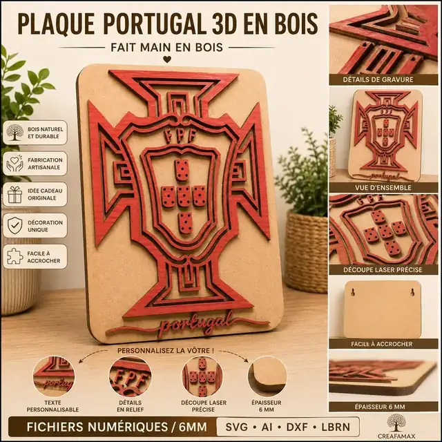 Plaque Portugal 3D Bois - création artisanale CREAFAMAX