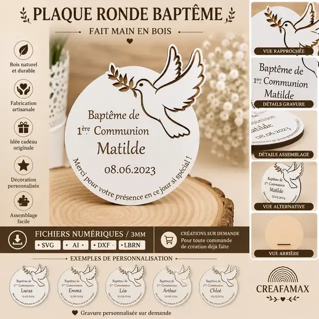 Plaque Ronde Bapteme Bois - création artisanale CREAFAMAX
