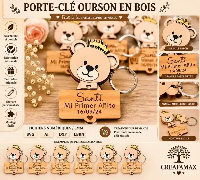 Porte Clé Ourson Bois - création artisanale CREAFAMAX