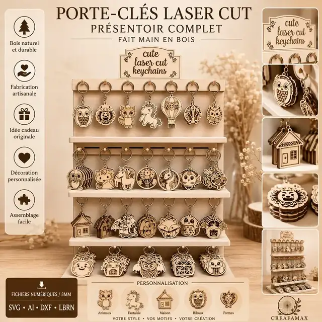 Porte Clés Presentoir Complet Bois - création artisanale CREAFAMAX