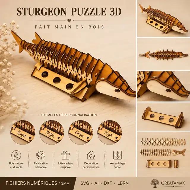 Puzzle Esturgeon 3D Bois - création artisanale CREAFAMAX