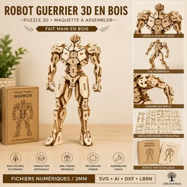 Robot Guerrier 3D Bois - création artisanale CREAFAMAX
