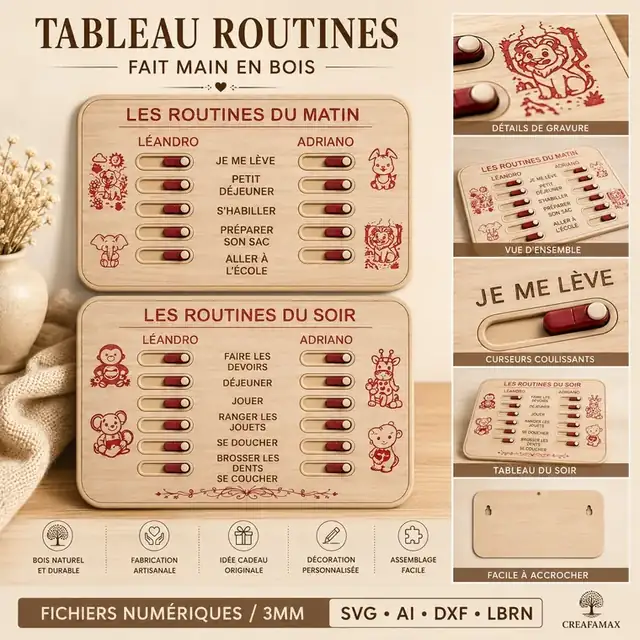 Tableau Routines Enfants Bois - création artisanale CREAFAMAX