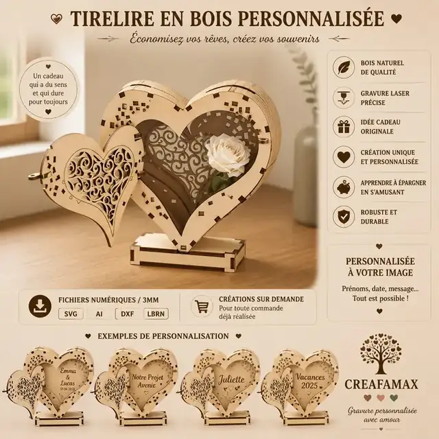 Tirelire Cœur Bois - création artisanale CREAFAMAX