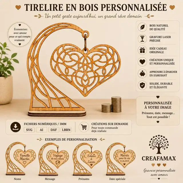 Tirelire Cœur Personnalisee Bois - création artisanale CREAFAMAX