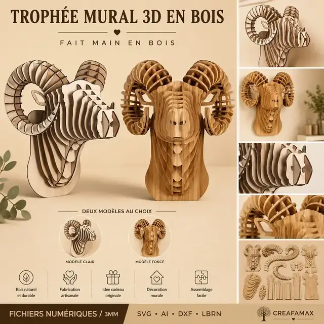 Trophee Mural Animaux 3D Bois - création artisanale CREAFAMAX