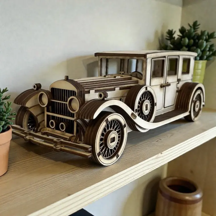 Voiture Vintage Blanche Bois Maquette - création artisanale CREAFAMAX