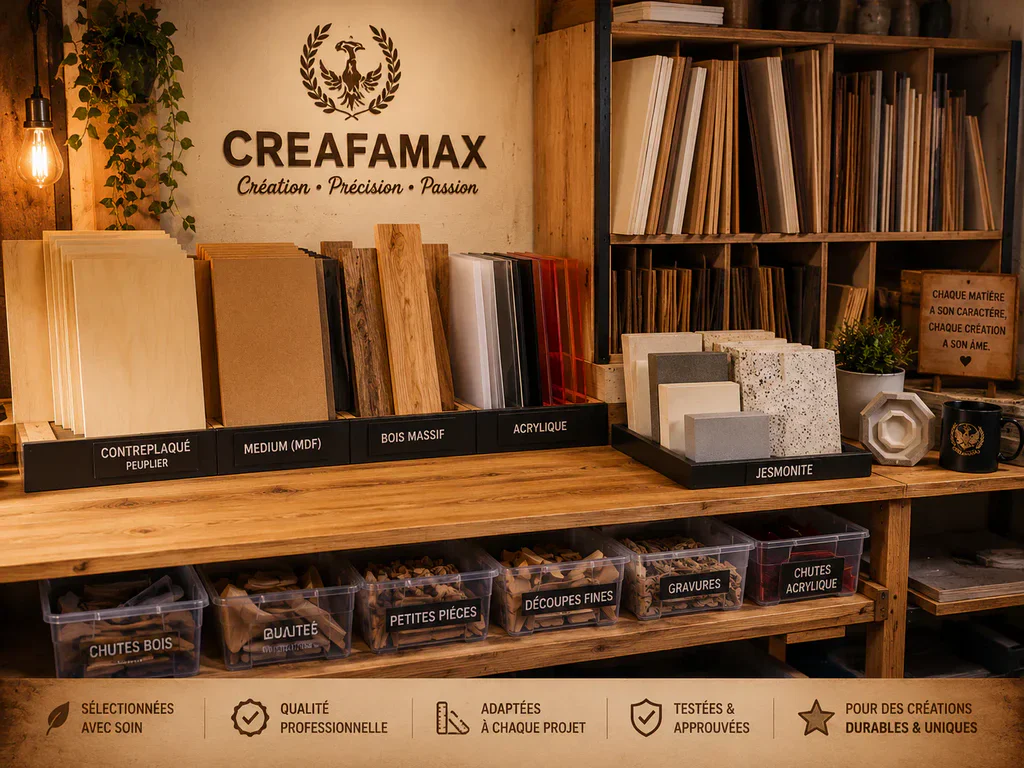 Détails d’atelier CREAFAMAX, bois, outils et découpe laser